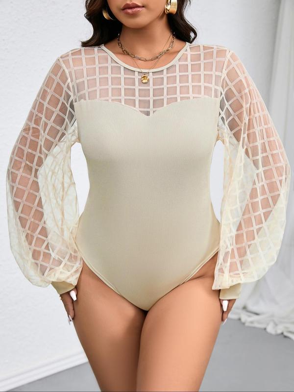  Contrast Plaid Mesh Sheer Bishop Sleeve Bodysuit, Long Sleeve Round Neck Bodysuit for Women, Women's Clothes for Fall & Winter